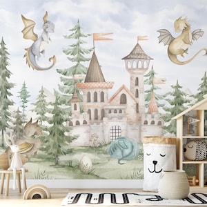 Dragons Castle in Forest Peel & Stick Wall Mural - Cartoon Watercolor Pattern Removable Wallcover -Kid Nursery Self Adhesive Wallpaper SM038