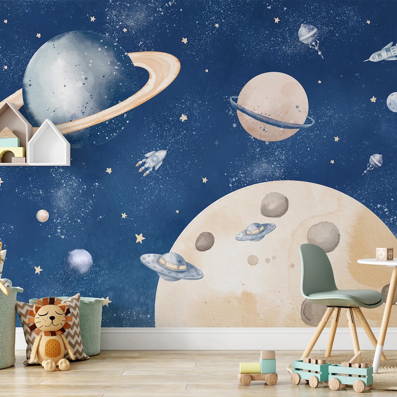 Kids Space Galaxy Nursery Wallpaper - Planets Peel and Stick Rocket ...