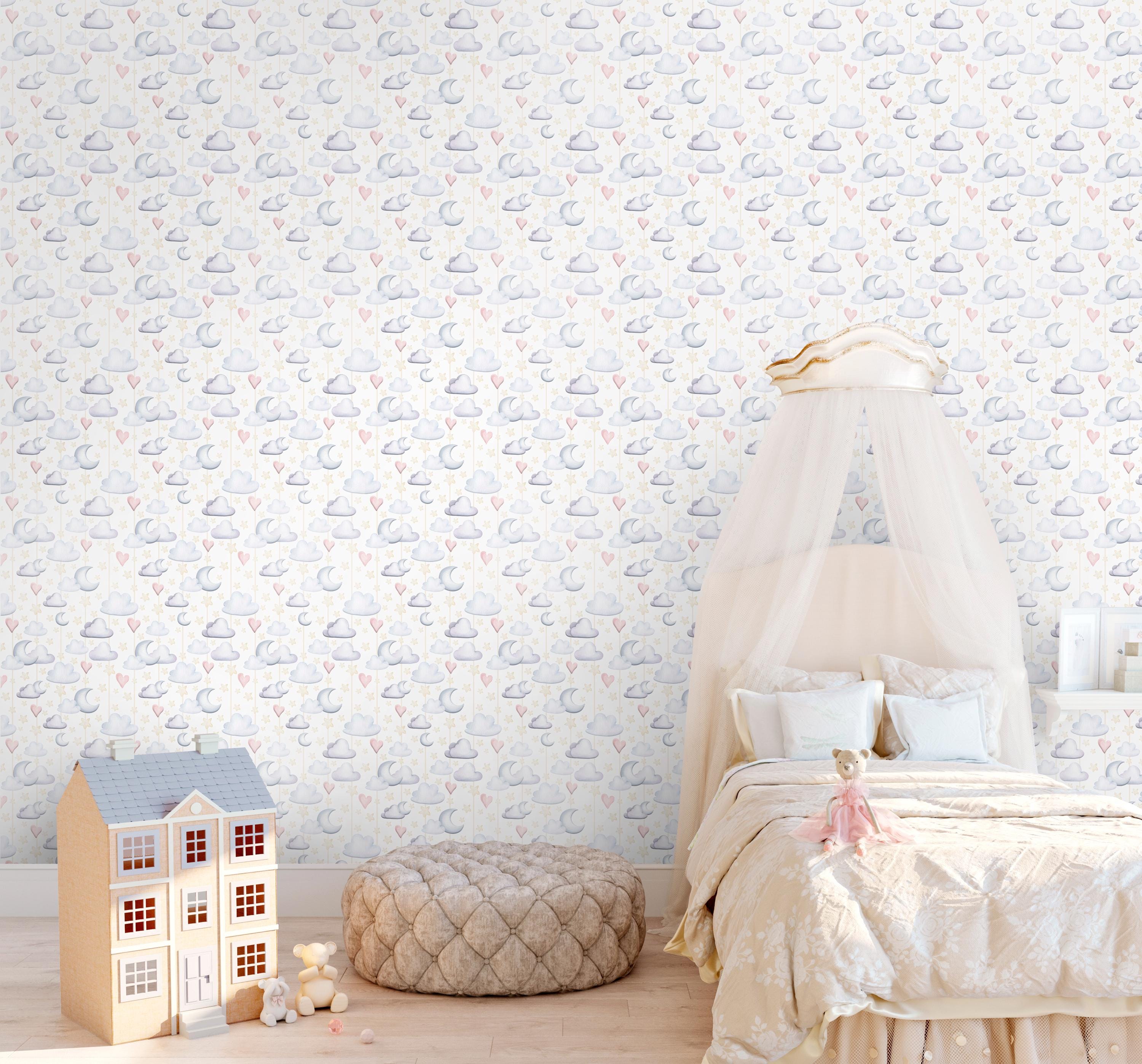 Clouds Moon & Hearts Peel and Stick Wallpaper - Pastel Watercolor ...