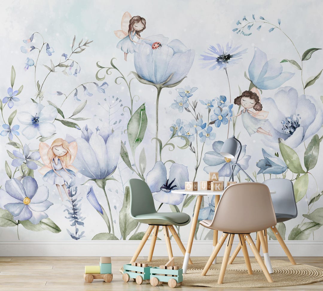 Blue Flowers Fairy Wall Mural - Fairytale Nursery Pastel Floral Peel ...