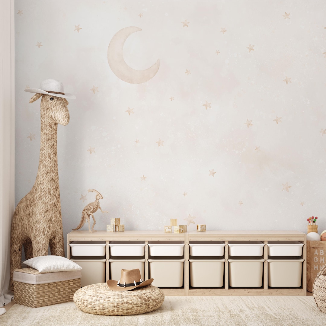 Beige Moon Stars Nursery Wall Mural - Pastel Watercolor Celestial Peel ...
