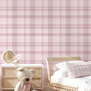 Pink Plaid Peel & Stick Wallpaper - Checkered Print Removable Wallcover - Gingham Farmhouse Style Self Adhesive Wall Mural S007
