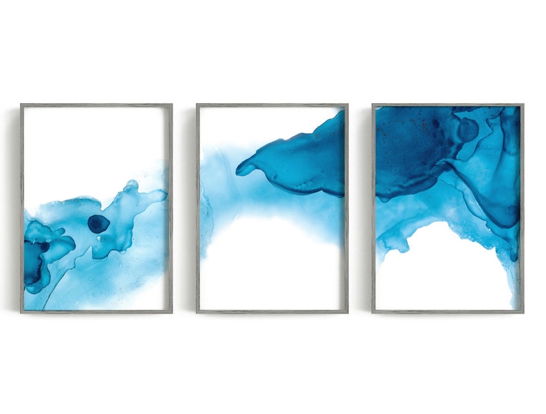 Abstract Art Blue Wall Art Set of 3 Simple Abstract Prints Etsy