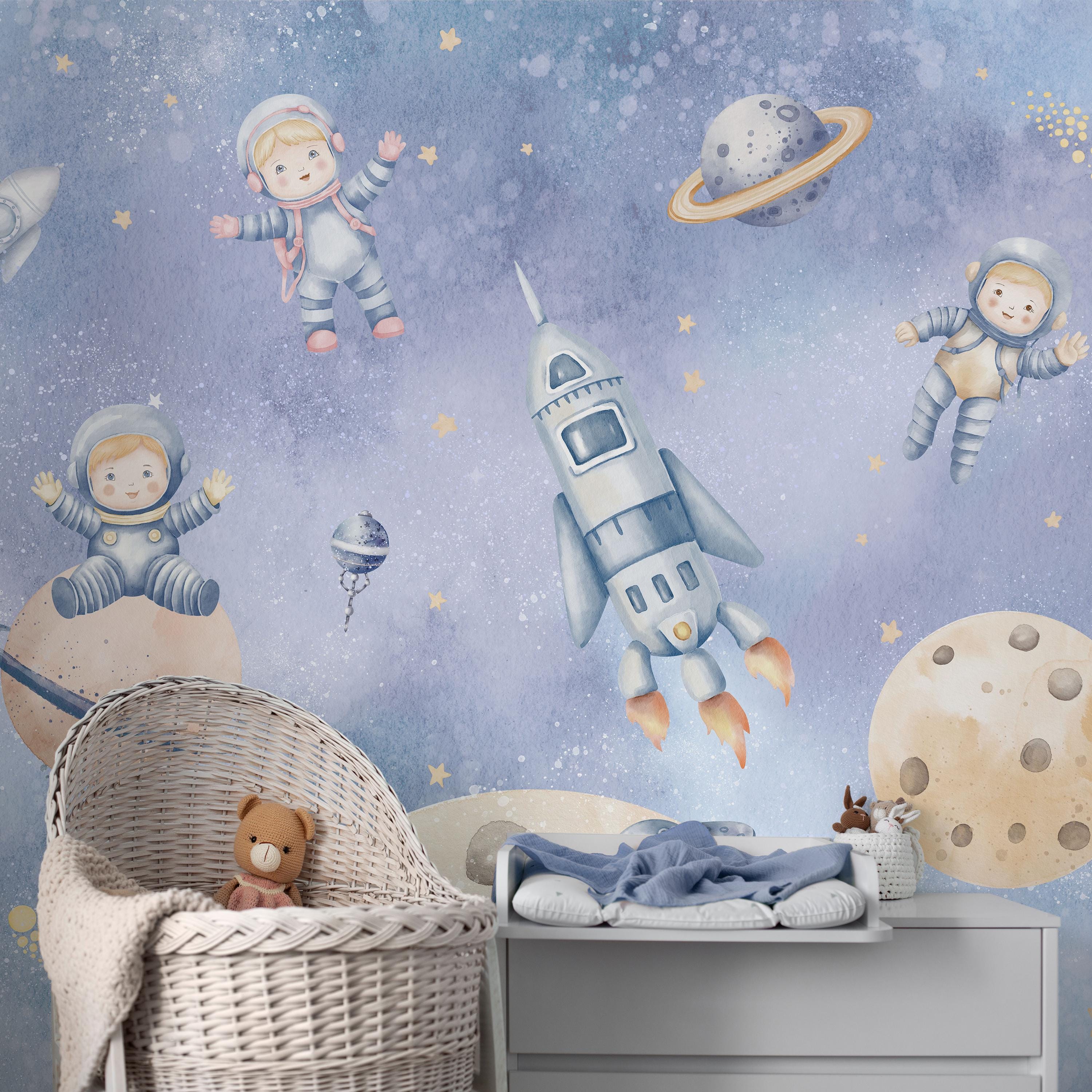 Astronauts Rocket Planets Peel and Stick Wall Mural - Pastel Space Kids ...