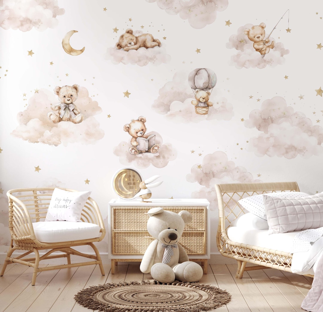 Celestial Wallpaper With Beige Clouds and Teddy Bears for Kids Nursery ...