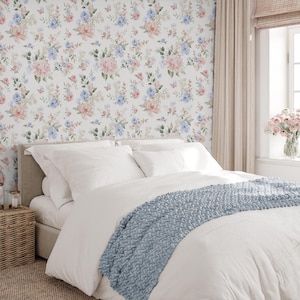 Pink Blue Flower Bouquet Peel & Stick Wallpaper - Delicate Floral Print Removable Wallcover - Botanical Garden Self Adhesive Wall Mural S059
