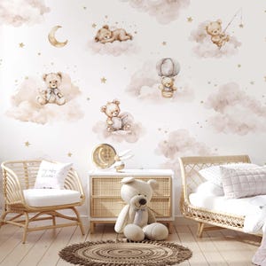 Beige Clouds and Bears Peel & Stick Wall Mural - Cartoon Watercolor Pattern Removable Wallcover - Kids Nursery Self Adhesive Wallpaper SM010