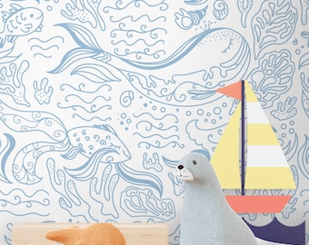 Blue Line Art Whale Nursery Wallpaper - Nautical Ocean Peel and Stick Wall Mural S099