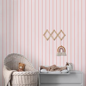 Pink Stripes Peel & Stick Wallpaper - Modern Vertical Line Removable Wallcover - Geometric Baby Nursery Print Self Adhesive Wall Mural S013