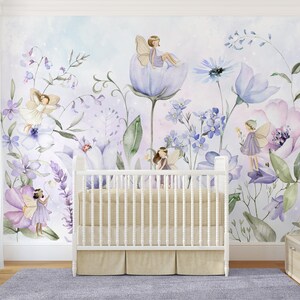 Purple Flower Fairy Peel & Stick Wall Mural - Cute Fairytale Pattern ...