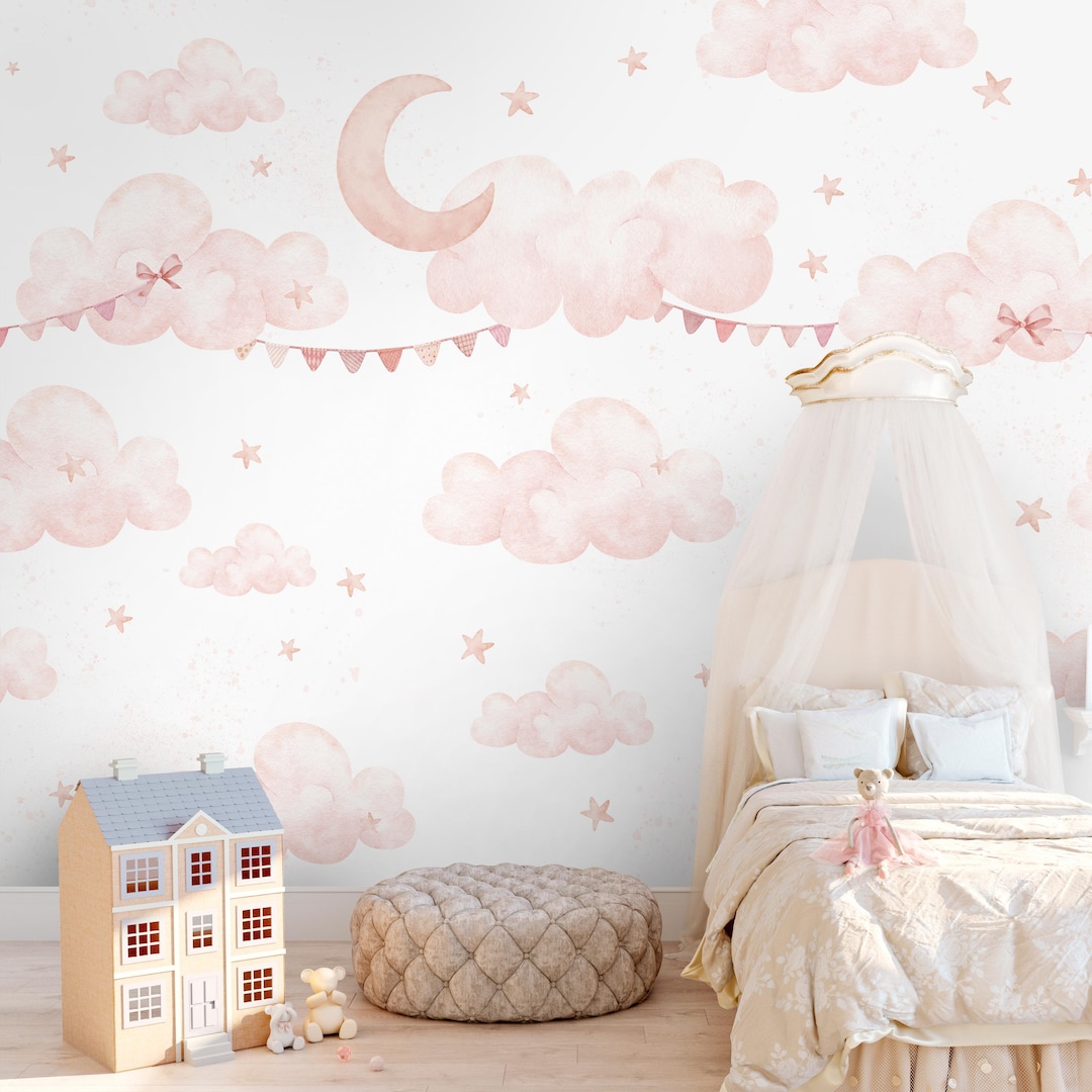 Pink Clouds Moon Wall Mural - Pastel Nursery Peel and Stick Sky Stars ...