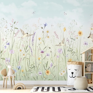 Pastel Wildflowers Meadow Peel & Stick Wall Mural -  Flowers Field Removable Wallcover - Botanical Garden Self Adhesive Wallpaper SM040