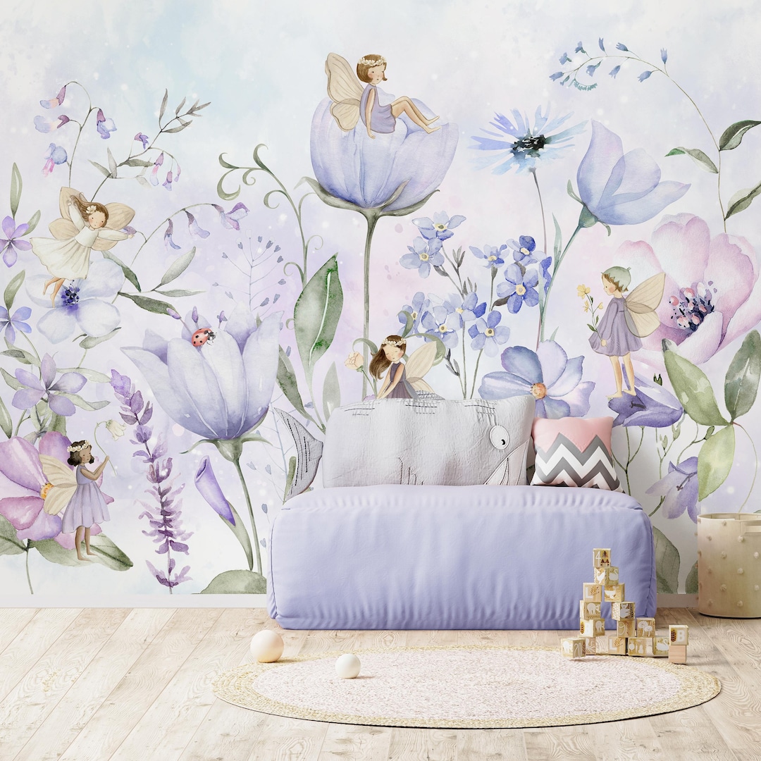 Purple Flower Fairy Peel & Stick Wall Mural - Cute Fairytale Pattern ...
