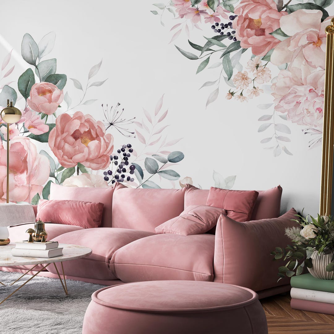 Blush Pink Flowers Peel and Stick Wall Mural - Watercolor Peony Floral ...