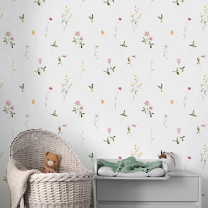 Colored Petite Wildflowers Peel & Stick Wallpaper - Delicate Floral Removable Wallcover - Botanical Garden Self Adhesive Wall Mural S068