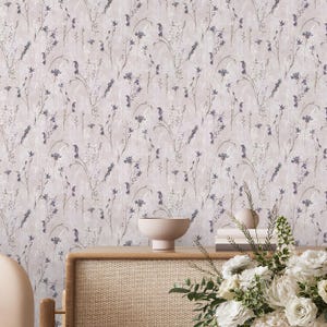 Purple Lavender Flower Peel & Stick Wallpaper - Delicate Floral Print Removable Wallcover - Botanical Garden Self Adhesive Wall Mural S079