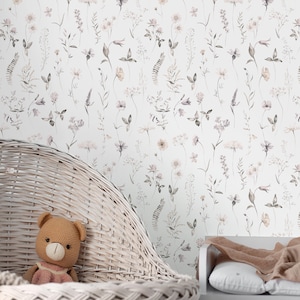 Tiny Neutral Wildflowers Peel & Stick Wallpaper - Painted Floral Removable Wallcover - Botanical Garden Self Adhesive Wall Mural S064