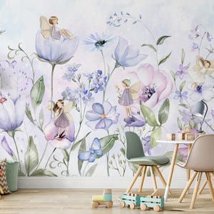 Purple Flower Fairy Peel & Stick Wall Mural - Cute Fairytale Pattern ...