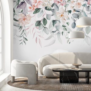 Pink Hanging Flowers and Leaves Peel & Stick Wall Mural - Elegant Floral Removable Wallcover -Botanical Garden Self Adhesive Wallpaper SM022
