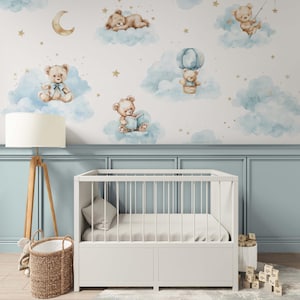 Blue Clouds and Bears Peel & Stick Wall Mural - Cartoon Watercolor Pattern Removable Wallcover - Kids Nursery Self Adhesive Wallpaper SM011