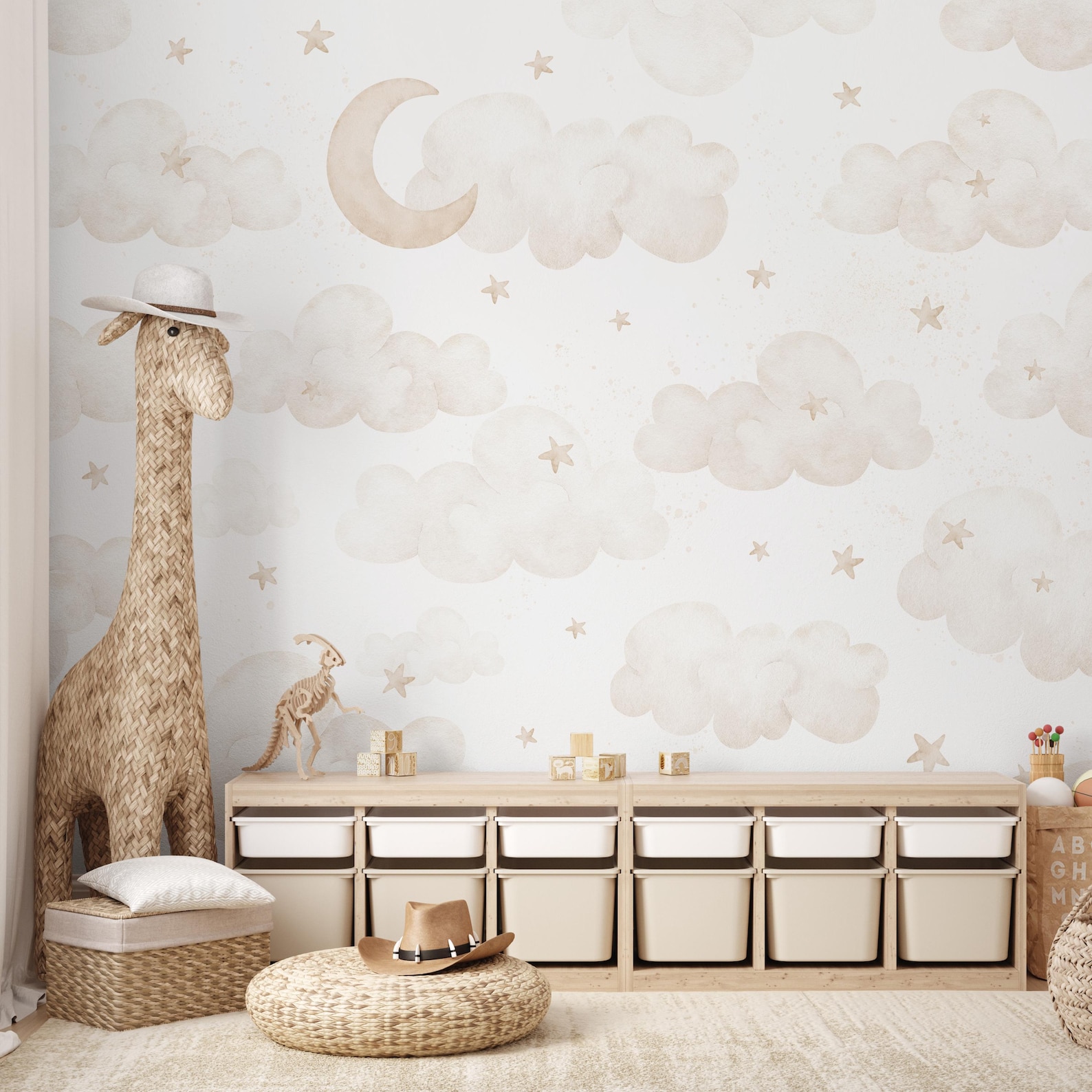 Beige Moon Clouds Stars Wall Mural - Pastel Watercolor Peel and Stick ...