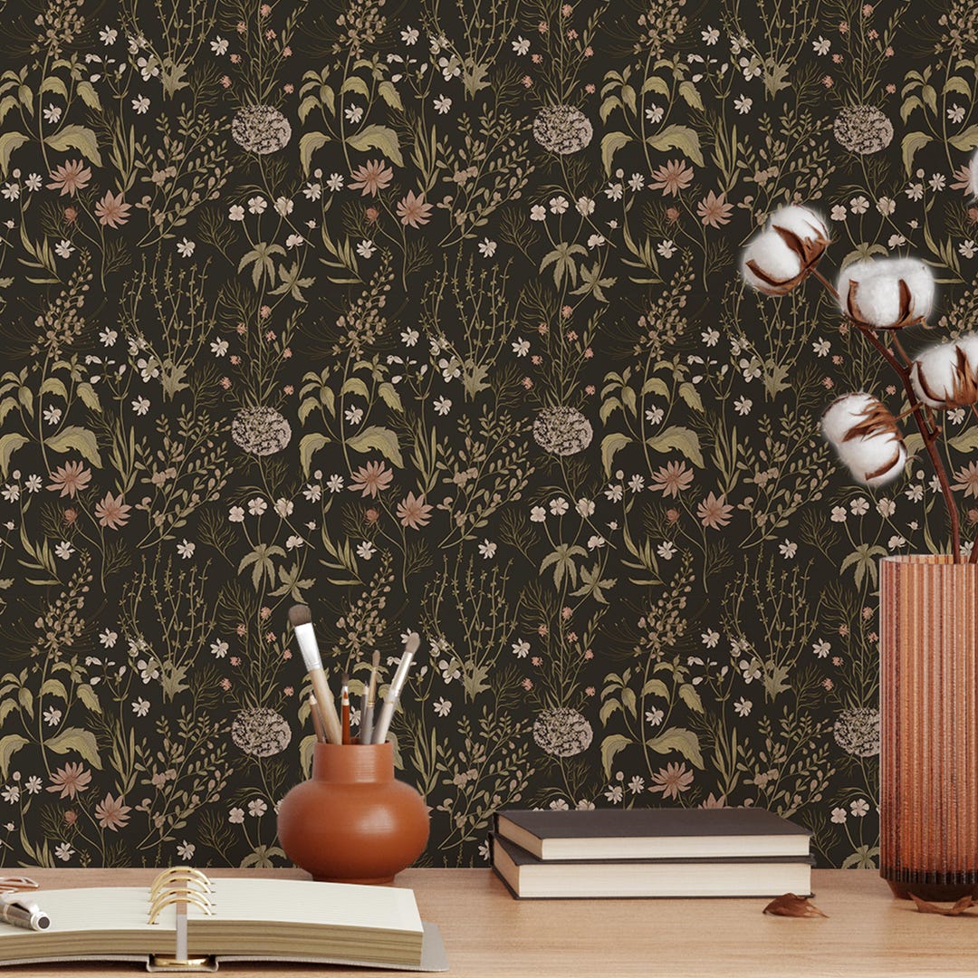 Dark Cottagecore Floral Wallpaper - Vintage Wildflower Botanical Peel ...
