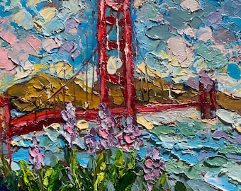 Peinture originale Golden Gate Bridge SanFrancisco, Californie, empâtement, impressionnisme, couteau à palette, peinture à l'huile 6x6, peinture abstraite,