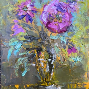 ramo, pintura de lienzo pequeño, flores, pintura original, óleo, cartón, espátula, empaste, impresionismo, 8x10, flores abstractas