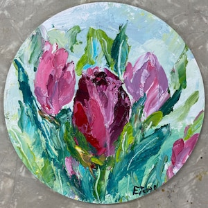 I tulipani, dipinto a olio, dipinto originale, dipinto a impasto, dipinto in miniatura, tela arrotondata, piccolo dipinto, fiori, dipinto a spatola