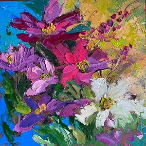 Flores de colores, pintura al óleo, pared pequeña miniatura, óleo, cartón, espátula, empaste, pintura original, pintura pequeña, espátula