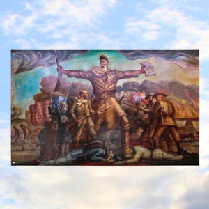 May include: A painting depicting a battle scene. A large, bearded man stands in the centre, holding a rifle and a book. He is surrounded by other figures, some of whom are holding rifles. The painting is set against a backdrop of a cloudy sky and a burning landscape.