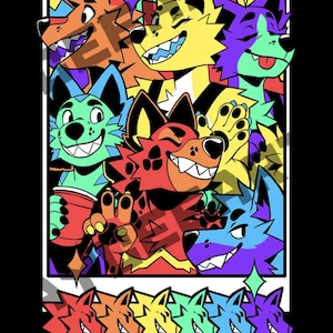 Peut inclure: Une illustration colorée d'un groupe de renards de dessin animé dans un cadre photo Polaroid. Les renards sourient tous et ont des fourrures de différentes couleurs. Le cadre a une bordure arc-en-ciel et un code-barres avec le numéro 1969628000.