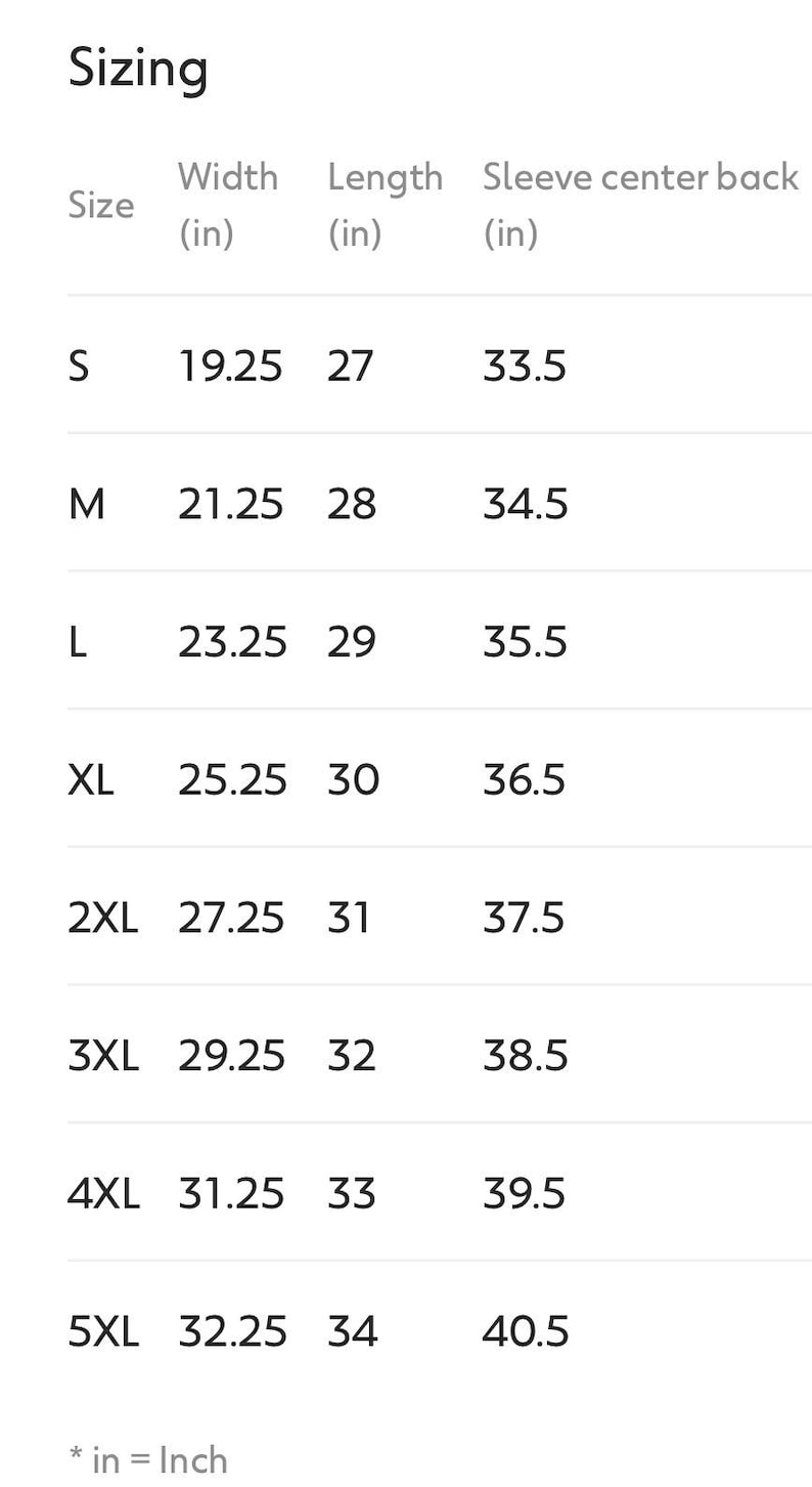 May include: A sizing chart table with the heading Sizing, listing sizes from S to 5XL. Columns include Width (in), Length (in), and Sleeve center back (in). Measurements are provided in inches for each size, with a note at the bottom stating * in = Inch.