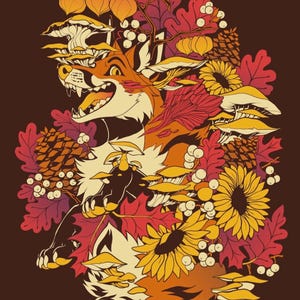 May include: A graphic illustration featuring an orange fox with an open mouth, surrounded by autumn elements including yellow sunflowers, red oak leaves, brown pinecones, white berries, orange physalis, and various mushrooms on a dark brown background.