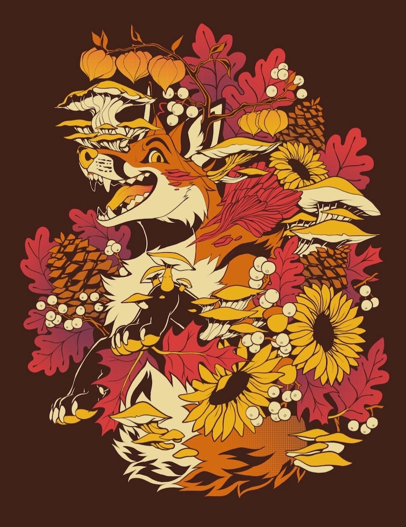 May include: A graphic illustration featuring an orange fox with an open mouth, surrounded by autumn elements including yellow sunflowers, red oak leaves, brown pinecones, white berries, orange physalis, and various mushrooms on a dark brown background.