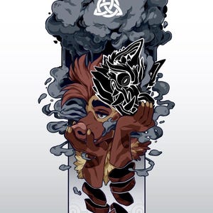May include: A digital illustration featuring a brown anthropomorphic creature with reddish fur, holding a black and white stylized wolf mask. The scene is surrounded by dark gray smoke clouds and includes a white triquetra symbol at the top center.