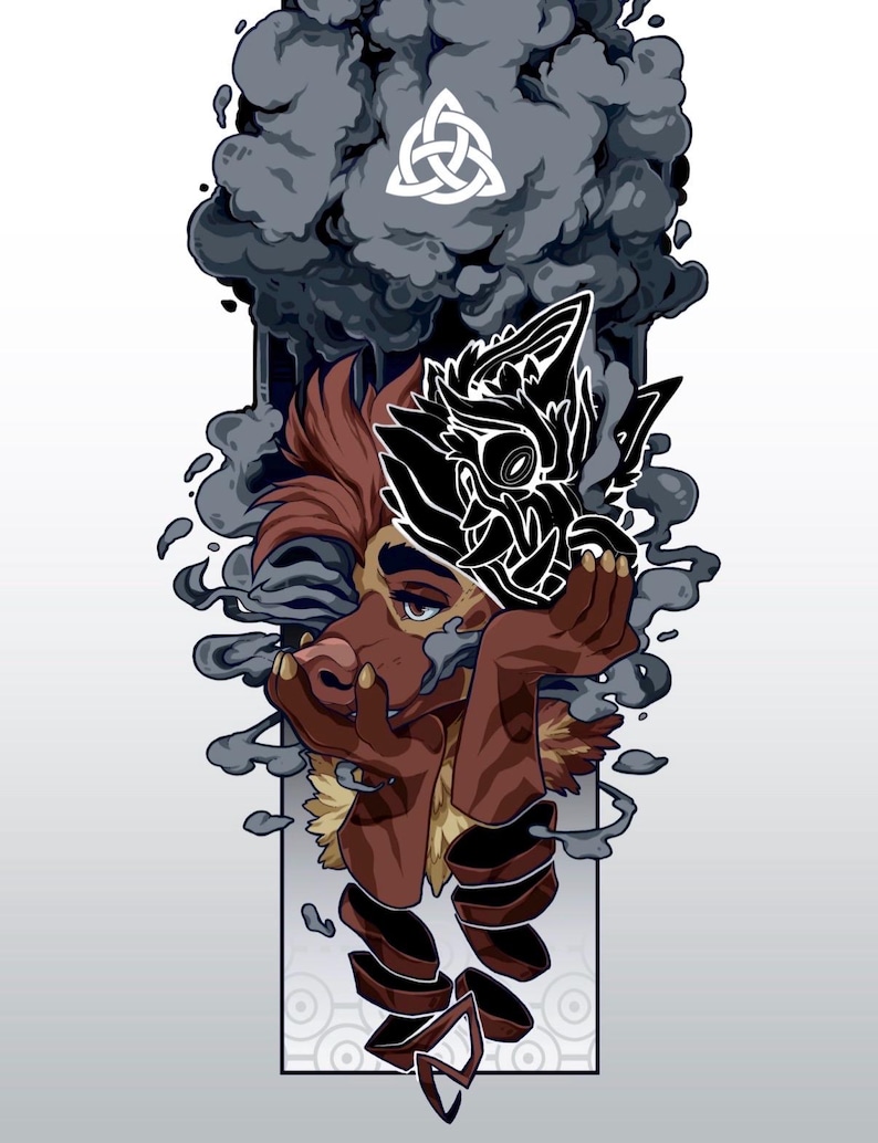 May include: A digital illustration featuring a brown anthropomorphic creature with reddish fur, holding a black and white stylized wolf mask. The scene is surrounded by dark gray smoke clouds and includes a white triquetra symbol at the top center.