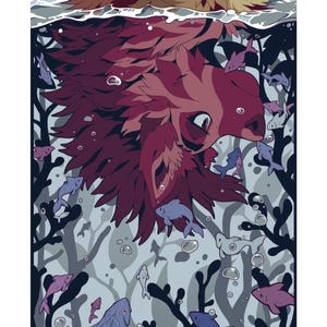 May include: A digital illustration featuring a large, maroon-furred creature with pointed ears submerged in water. The scene includes numerous small, purple and blue fish swimming among dark, silhouetted seaweed and floating air bubbles.
