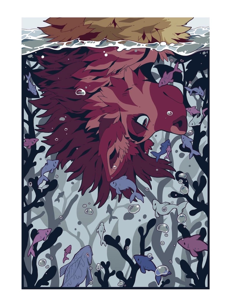 May include: A digital illustration featuring a large, maroon-furred creature with pointed ears submerged in water. The scene includes numerous small, purple and blue fish swimming among dark, silhouetted seaweed and floating air bubbles.
