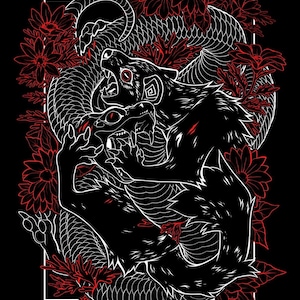 May include: A black, white, and red graphic illustration featuring a snarling creature entangled with a snake amidst floral elements. The design includes the text "BREAK THE CYCLE" at the bottom, set against a solid black background.