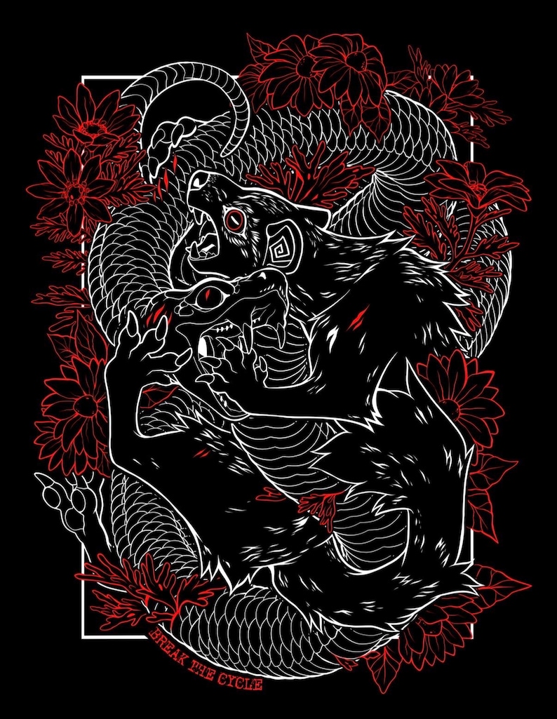 May include: A black, white, and red graphic illustration featuring a snarling creature entangled with a snake amidst floral elements. The design includes the text "BREAK THE CYCLE" at the bottom, set against a solid black background.
