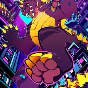 May include: A digital illustration of a large, dark purple monster with yellow spikes and claws, leaping over a stylized city skyline. The creature has a yellow chest plate, sharp teeth, and is surrounded by floating blue rocks against a neon background.