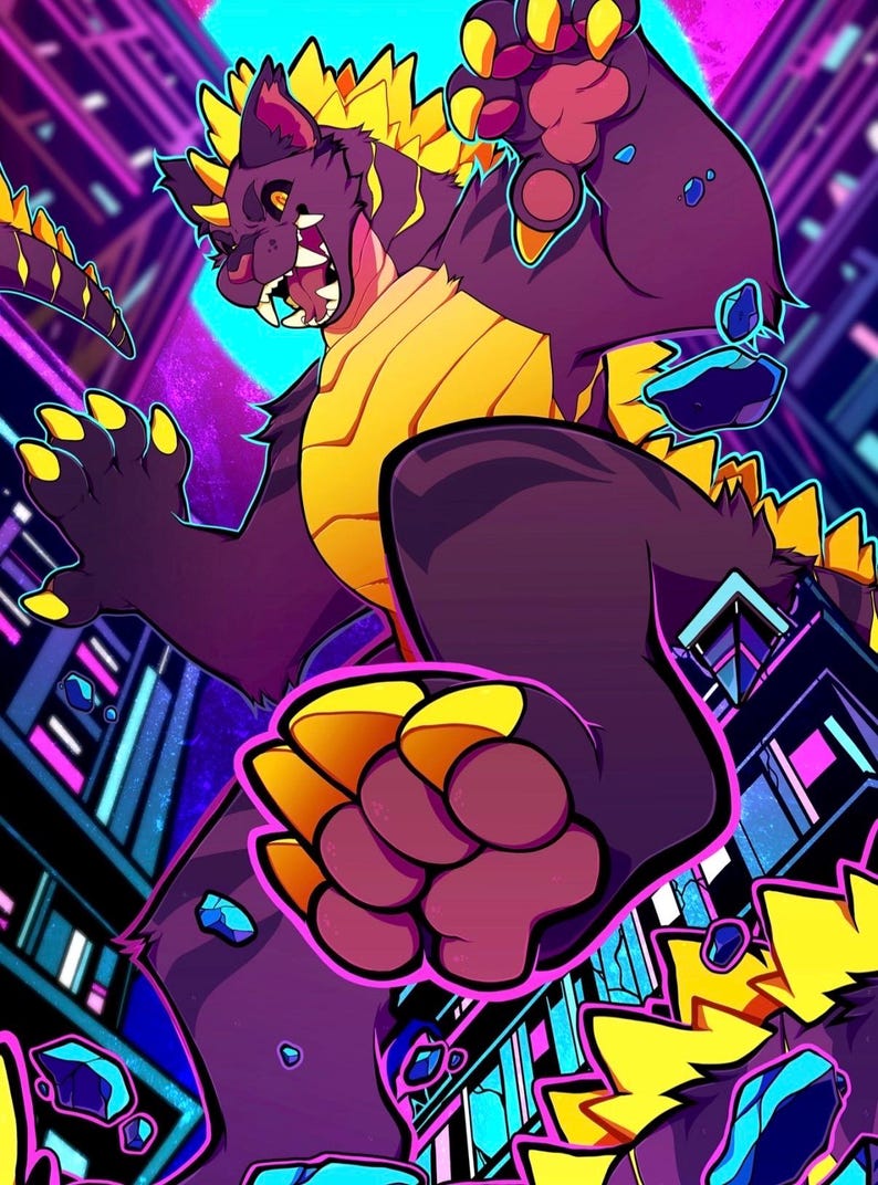 May include: A digital illustration of a large, dark purple monster with yellow spikes and claws, leaping over a stylized city skyline. The creature has a yellow chest plate, sharp teeth, and is surrounded by floating blue rocks against a neon background.