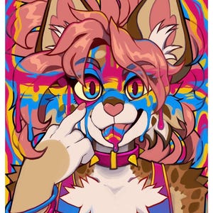 May include: A digital illustration of an anthropomorphic feline character with pink hair, wearing a spiked pink collar and stacked bracelets. The character is covered in dripping blue, pink, and yellow paint against a vibrant, swirling background.