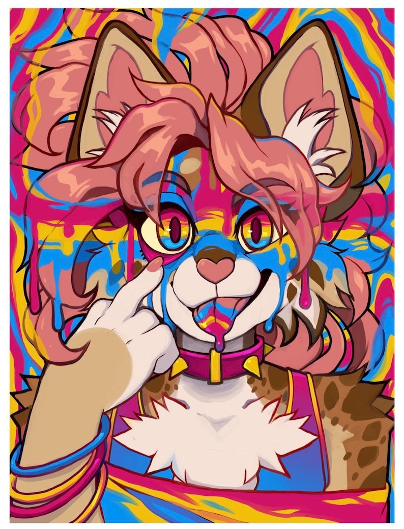 May include: A digital illustration of an anthropomorphic feline character with pink hair, wearing a spiked pink collar and stacked bracelets. The character is covered in dripping blue, pink, and yellow paint against a vibrant, swirling background.
