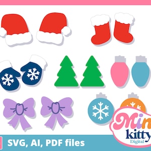 Könnte beinhalten: Ein Set mit 10 Weihnachts-SVG-Schnittdateien, darunter eine Weihnachtsmütze, Fäustlinge, ein Weihnachtsbaum, eine Glühbirne, eine Schleife und ein Ornament. Die Dateien sind in den Formaten SVG, AI und PDF verfügbar. Mini Kitty Digital.