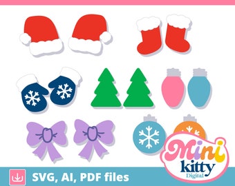 Christmas Stud Earrings File - DIGITAL DOWNLOAD, svg, pdf, ai - Santa Hat, Stockings, Mittens, Trees, Bulbs, Bows