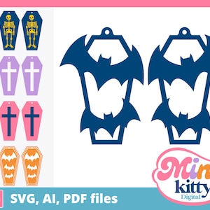 Halloween Coffin Earring Cut Files - DIGITAL DOWNLOAD, svg, ai, pdf - Bats, Skeletons, Cross