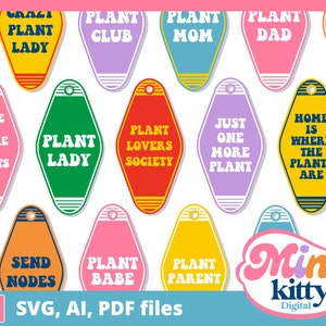 May include: A set of 10 colorful motel key tag designs featuring plant puns. The tags are shaped like a traditional motel key tag and have a white background with black outlines. The text on the tags includes phrases like "Plant Lady", "Plant Mom", "Plant Dad", "Plant Lovers Society", "Just One More Plant", and "Home is Where the Plants Are".