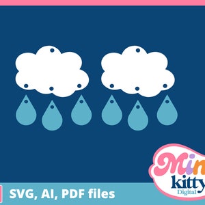 Puede incluir: Dos formas de nubes blancas con tres gotas de lluvia cada una, todo sobre un fondo azul. Las nubes y las gotas de lluvia son formas recortadas, listas para manualidades.